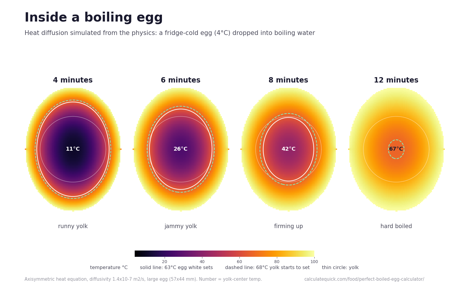 Physics simulation of heat spreading through a boiling egg, showing temperature cross-sections at 4, 6, 8, and 12 minutes with the egg white setting boundary at 63 degrees and yolk setting boundary at 68 degrees Celsius