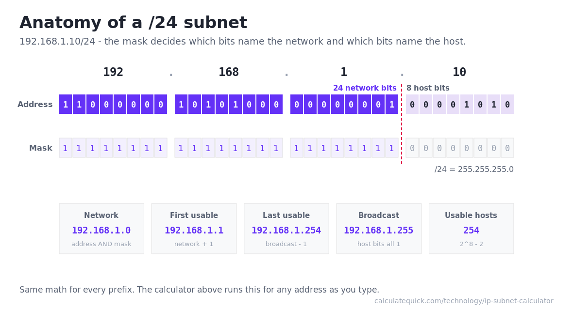 Binary breakdown of 192.168.1.10/24 showing 24 network bits, 8 host bits, the subnet mask, and the derived network, usable range, broadcast, and host count